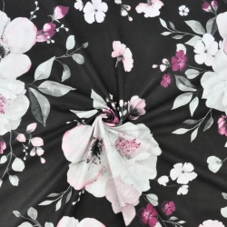 Baumwolle 100% große Apfelblüten rosa-weiß auf schwarzem Hintergrund - 220cm  