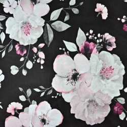 Baumwolle 100% große Apfelblüten rosa-weiß auf schwarzem Hintergrund - 220cm  