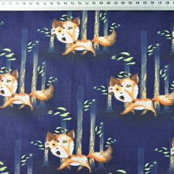 Baumwolle 100% Füchse in Bäumen auf marineblauem Hintergrund  