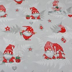 Baumwolle 100% Weihnachtsmuster Wichtel mit Farnblättern auf grauem Hintergrund  