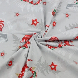 Baumwolle 100% Weihnachtsmuster Wichtel mit Farnblättern auf grauem Hintergrund  