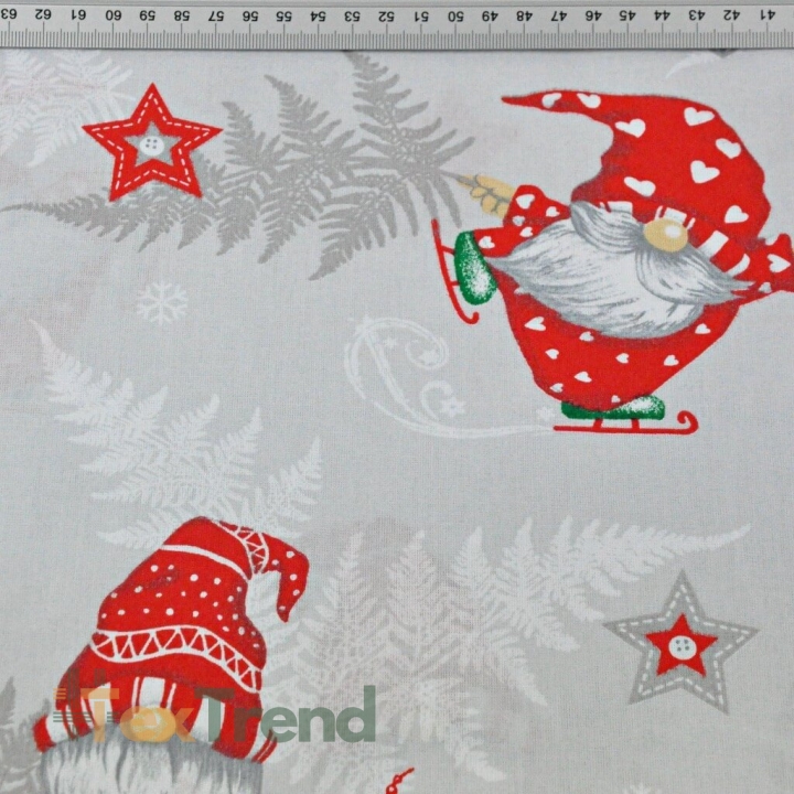Baumwolle 100% Weihnachtsmuster Wichtel mit Farnblättern auf grauem Hintergrund  