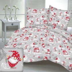 Baumwolle 100% Weihnachtsmuster Wichtel mit Farnblättern auf grauem Hintergrund  