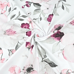 Baumwolle 100% große Apfelblüten rosa-grau auf weißem Hintergrund - 220cm  