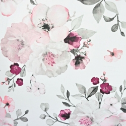 Baumwolle 100% große Apfelblüten rosa-grau auf weißem Hintergrund - 220cm  