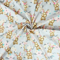 Baumwolle 100% Kaninchen mit Sträußen auf grauem Hintergrund  