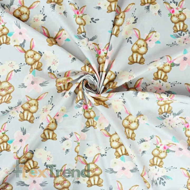 Baumwolle 100% Kaninchen mit Sträußen auf grauem Hintergrund  