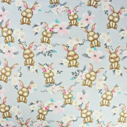 Baumwolle 100% Kaninchen mit Sträußen auf grauem Hintergrund  