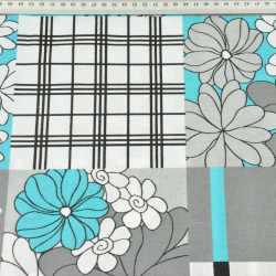 Baumwolle 100% Patchwork mit Blumen in weiß, grau und türkis  