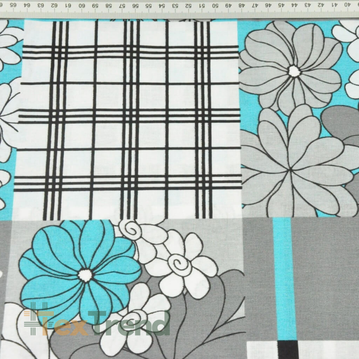 Baumwolle 100% Patchwork mit Blumen in weiß, grau und türkis  
