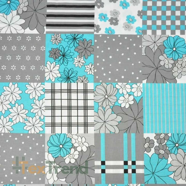 Baumwolle 100% Patchwork mit Blumen in weiß, grau und türkis  
