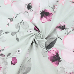 Baumwolle 100% große Apfelblüten rosa-grau auf grauem Hintergrund - 220cm  