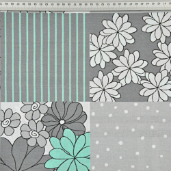 Baumwolle 100% Patchwork mit Blumen in weiß, grau und mintgrün  