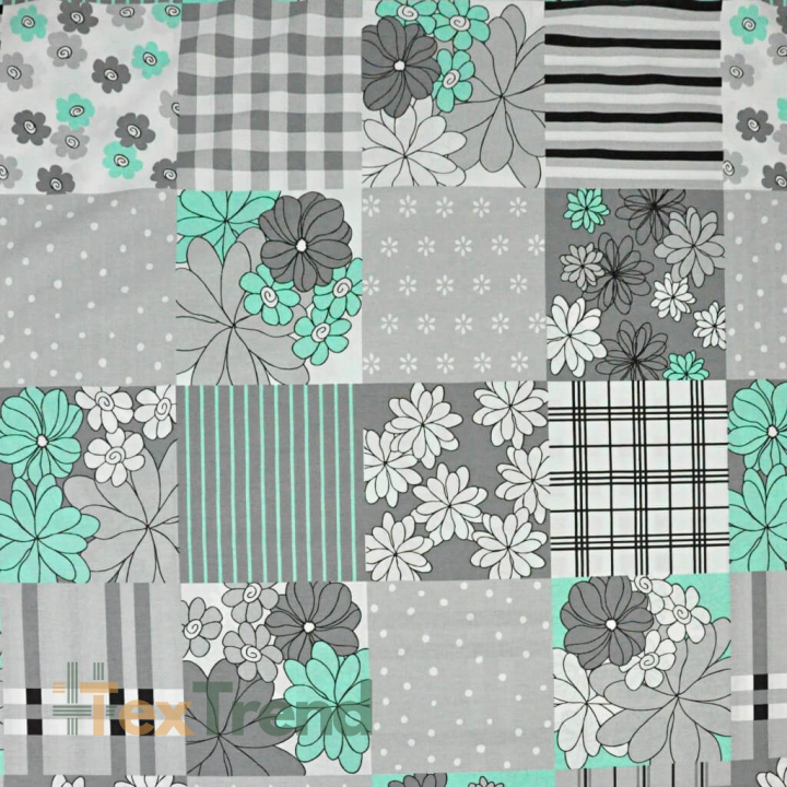 Baumwolle 100% Patchwork mit Blumen in weiß, grau und mintgrün  