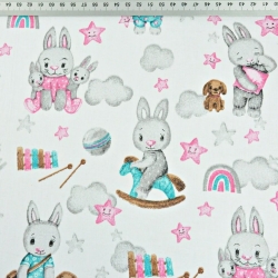 Baumwolle 100% Kaninchen in rosa-türkis-grau mit Wolken auf weißem Hintergrund  