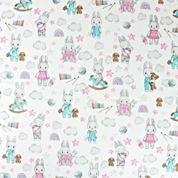 Baumwolle 100% Kaninchen in rosa-türkis-grau mit Wolken auf weißem Hintergrund  