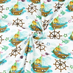 Baumwolle 100% Bärenmatrosen mit Steuerrädern auf weißem Hintergrund  