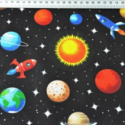 Baumwolle 100% bunte Planeten auf schwarzem Hintergrund  