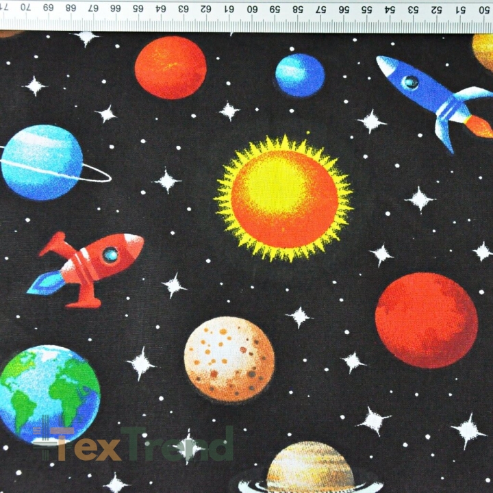 Baumwolle 100% bunte Planeten auf schwarzem Hintergrund  