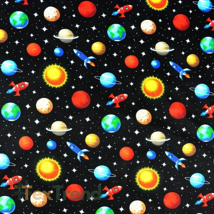 Baumwolle 100% bunte Planeten auf schwarzem Hintergrund  