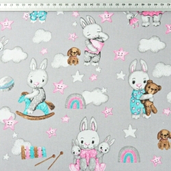 Baumwolle 100% Kaninchen in rosa-türkis-grau mit Wolken auf grauem Hintergrund  