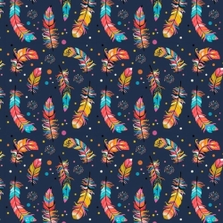 Baumwolle 100% bunte gemusterte Federn auf marineblauem Hintergrund  