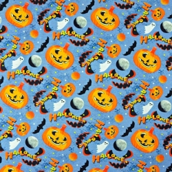 Jersey-Stoff Digitaldruck - Halloween-Kürbisse auf blauem Hintergrund  