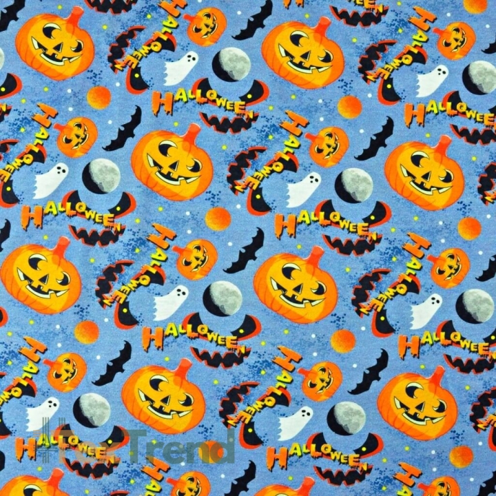 Jersey-Stoff Digitaldruck - Halloween-Kürbisse auf blauem Hintergrund  