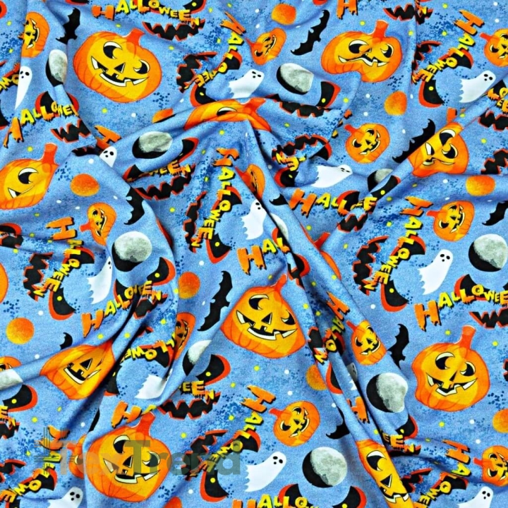 Jersey-Stoff Digitaldruck - Halloween-Kürbisse auf blauem Hintergrund  