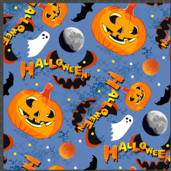 Jersey-Stoff Digitaldruck - Halloween-Kürbisse auf blauem Hintergrund  