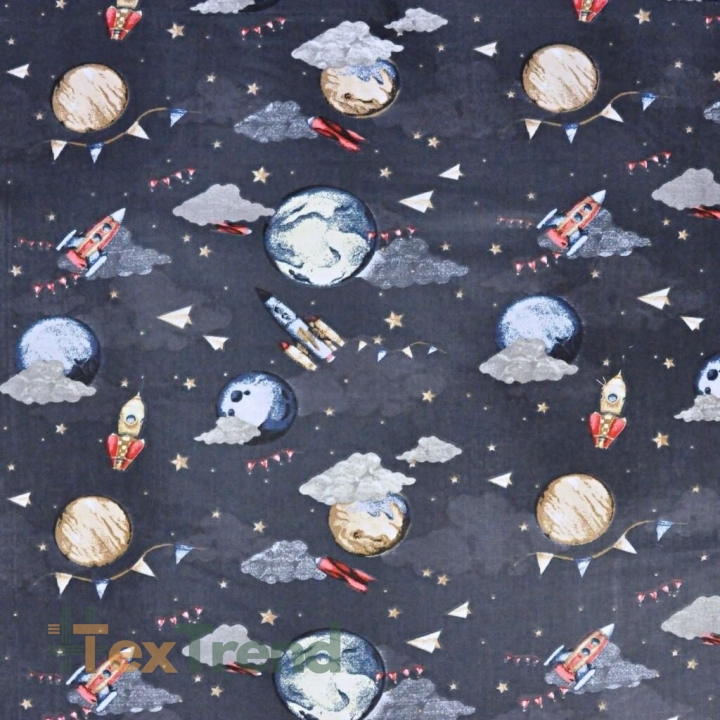 Baumwolle 100% Planeten mit Raketen auf grau-blauem Himmel  