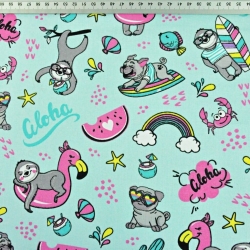 Baumwolle 100% Faultiere im Aloha-Urlaub auf mintgrünem Hintergrund  