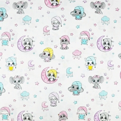 Baumwolle 100% schlafende Tiere rosa türkis auf weißem Hintergrund  