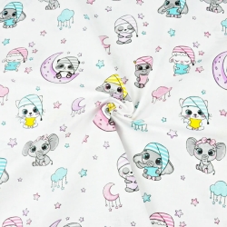 Baumwolle 100% schlafende Tiere rosa türkis auf weißem Hintergrund  