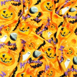 Jersey-Stoff Digitaldruck - Halloween-Kürbisse auf orangefarbenem Hintergrund  