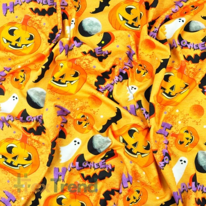Jersey-Stoff Digitaldruck - Halloween-Kürbisse auf orangefarbenem Hintergrund  