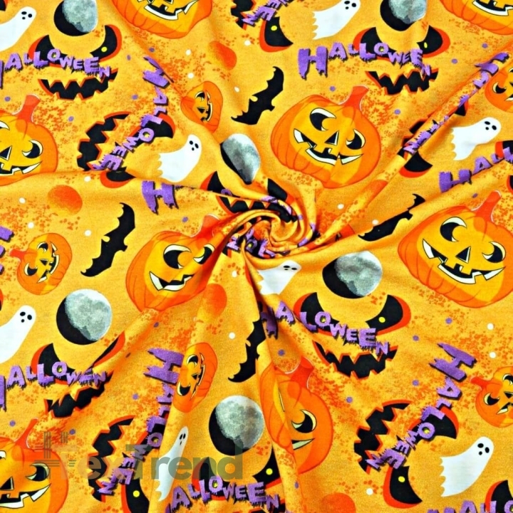 Jersey-Stoff Digitaldruck - Halloween-Kürbisse auf orangefarbenem Hintergrund  
