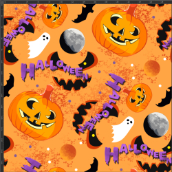 Jersey-Stoff Digitaldruck - Halloween-Kürbisse auf orangefarbenem Hintergrund  