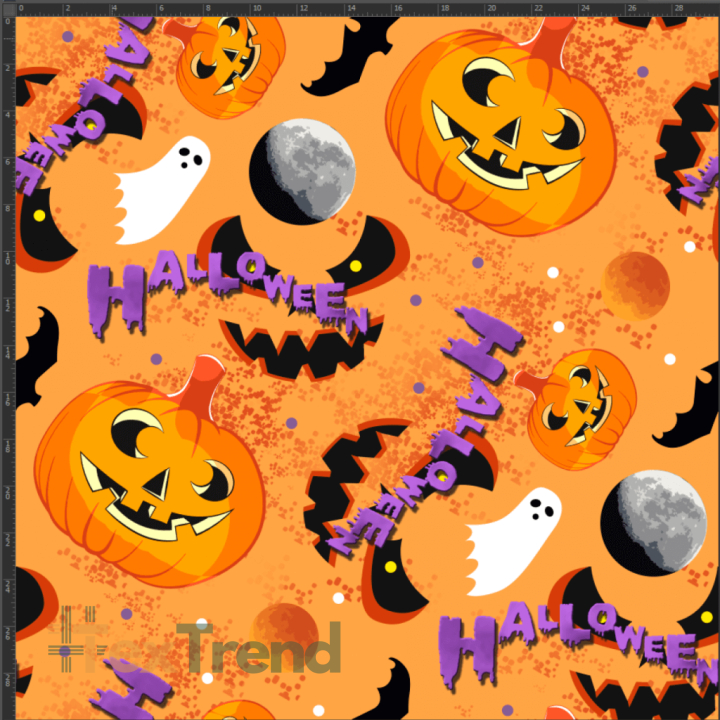 Jersey-Stoff Digitaldruck - Halloween-Kürbisse auf orangefarbenem Hintergrund  