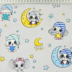 Baumwolle 100% schlafende Tiere gelb blau auf grauem Hintergrund  