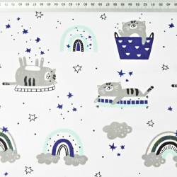 Baumwolle 100% Katzen in grau-mint-marine mit Regenbogen auf weißem Hintergrund  