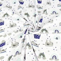 Baumwolle 100% Katzen in grau-mint-marine mit Regenbogen auf weißem Hintergrund  