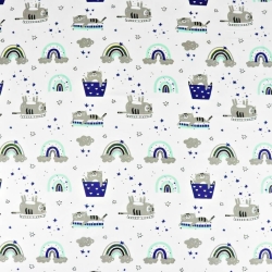 Baumwolle 100% Katzen in grau-mint-marine mit Regenbogen auf weißem Hintergrund  