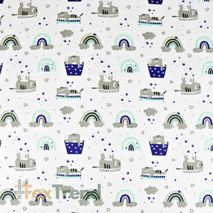 Baumwolle 100% Katzen in grau-mint-marine mit Regenbogen auf weißem Hintergrund  