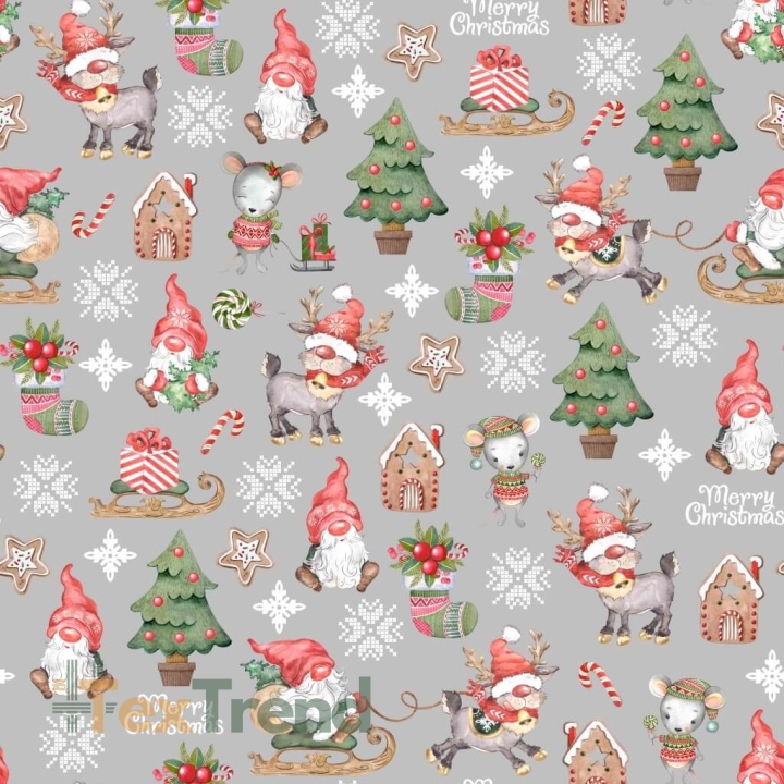 Baumwolle 100% Weihnachtsmuster Wichtel mit Mäusen auf grauem Hintergrund  