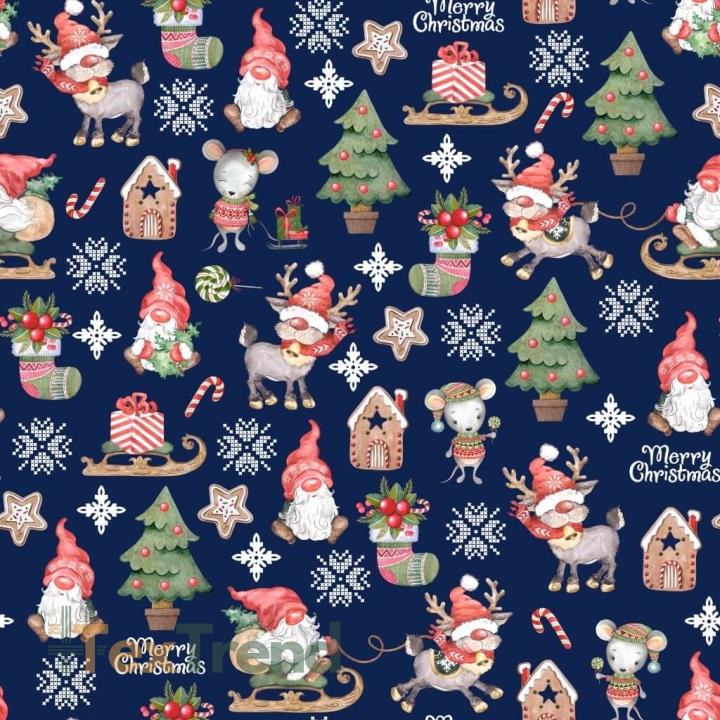 Baumwolle 100% Weihnachtsmuster Wichtel mit Mäusen auf dunkelblauem Hintergrund  