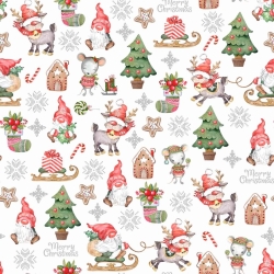 Baumwolle 100% Weihnachtsmuster Wichtel mit Mäusen auf weißem Hintergrund  