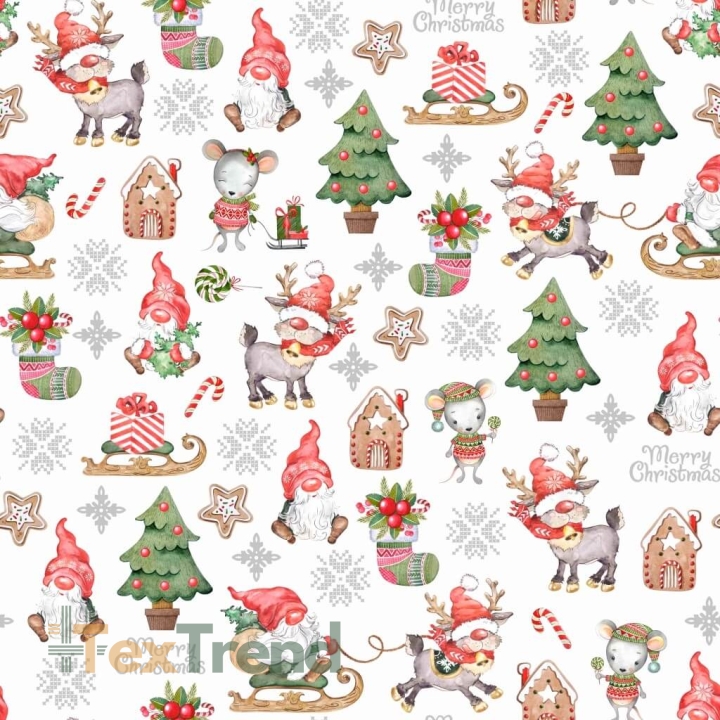 Baumwolle 100% Weihnachtsmuster Wichtel mit Mäusen auf weißem Hintergrund  