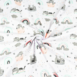 Baumwolle 100% Katzen in grau-mint-apricot mit Regenbogen auf weißem Hintergrund  