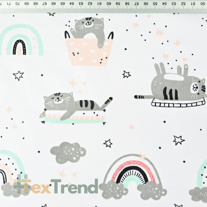 Baumwolle 100% Katzen in grau-mint-apricot mit Regenbogen auf weißem Hintergrund  